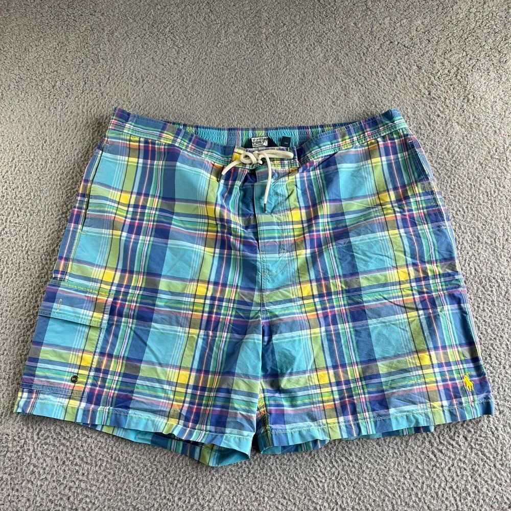 Polo Ralph Lauren Swim‎ Trunks Mens Big & Tall 2XB Blue Madras Plaid Nylon Aloha